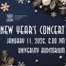  Poster promoting the AMU New Year's Concert – navy blue background with winter decorations, information about the date: 11 January 2026, 6 p.m., AMU Auditorium.