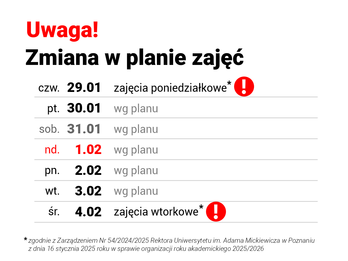 Grafika informacyjna &raquo;Uwaga! Zmiana w planie zajęć&laquo; z kalendarzem; informacja, że w czwartek 29 stycznia obowiązują zajęcia poniedziałkowe, a w środę 4 lutego &ndash; zajęcia wtorkowe; pozostałe dni według planu.
