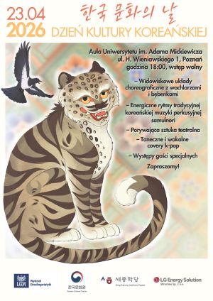 Poster for Korean Culture Day at Adam Mickiewicz University in Poznań on 23 April 2026, featuring an illustrated tiger and event details, including performances such as traditional dance, percussion music, theatre, and K-pop covers, with free admission at 6:00 p.m.