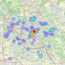 Mapa Wrocławia z nałożoną mapą cieplną pokazującą największe natężenie w centrum miasta i słabsze punkty w innych dzielnicach.