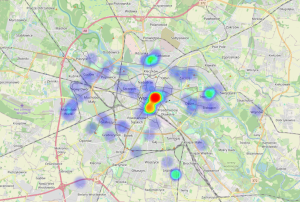 Mapa Wrocławia z nałożoną mapą cieplną pokazującą największe natężenie w centrum miasta i słabsze punkty w innych dzielnicach.