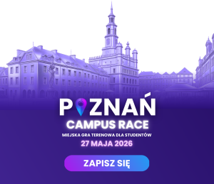 Grafika promująca miejską grę terenową dla studentów „Poznań Campus Race”, zapowiadającą wydarzenie 27 maja 2026; na fioletowym tle widnieje stylizowany widok placu z ratuszem i przycisk „Zapisz się”.
