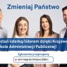 Grafika KSAP zachęca do zgłoszeń do Krajowej Szkoły Administracji Publicznej pod hasłem „Zmieniaj Państwo”; na jasnym tle widać czworo młodych dorosłych oraz informację, że rekrutacja trwa od 4 maja do 24 lipca 2026 roku.
