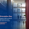 Poster for Orientation Day at Adam Mickiewicz University. Background shows a modern, multi-level interior with glass, red and brick walls, and people talking on balconies. Overlaid text announces: Orientation Day – October 6, 2025, at 2:00 p.m., AMU Welcome Centre (Św. Marcin 78). A registration is highlighted: Registration via online form. AMU crest and name appear in the top-right corner.