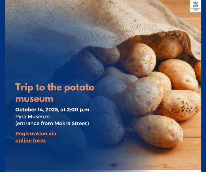 Poster for Trip to the Potato Museum organized by Adam Mickiewicz University. The image shows a burlap sack spilling fresh potatoes onto a wooden surface. Text overlay reads: Trip to the Potato Museum – October 14, 2025, at 2:00 p.m., Pyra Museum (entrance from Mokra Street). A link encourages Registration via online form. The AMU crest appears in the top-right corner.