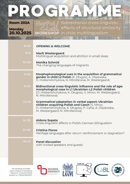 Detailed schedule for the NorPol C-LaBL Workshop titled “Bidirectional cross-linguistic effects of structural similarity in child multilingualism,” held on Monday, October 20, 2025, in Room 202A. Includes a full-day program of presentations by researchers such as Marit Westergaard, Monika Schmid, and others, covering topics like multilingual acquisition, grammatical gender, and cross-linguistic influence in children. Logos of UiT, Research Council of Norway, and LaBL appear at the bottom.