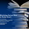 Poster for Workshop Series: How to Study Smart organized by Adam Mickiewicz University. Background shows a tall stack of blue-covered books with one open book on top. Text overlay reads: First workshop – October 23, 2025, at 4:00 p.m., AMU Welcome Centre. A highlighted link invites Registration via online form. The AMU crest and name appear in the top-right corner.