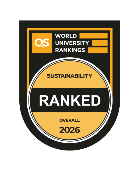 QS World Univeristy Ranking balck black and orange badge. It the yellowish circle it contains information written in black Sustainability overall 2026. In the cirrcle centre there is a black strip with white word RANKED. On the top of the badge, above the yellowish circle, the QS World Univeristy Ranking logo is located. 