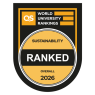QS World Univeristy Ranking balck black and orange badge. It the yellowish circle it contains information written in black Sustainability overall 2026. In the cirrcle centre there is a black strip with white word RANKED. On the top of the badge, above the yellowish circle, the QS World Univeristy Ranking logo is located. 