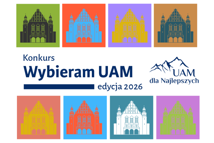 Grafika promująca konkurs „Wybieram UAM” edycja 2026, z nazwą programu „UAM dla Najlepszych” oraz kolorowymi, powtarzającymi się motywami Collegium Minus UAM.
