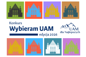 Grafika promująca konkurs „Wybieram UAM” edycja 2026, z nazwą programu „UAM dla Najlepszych” oraz kolorowymi, powtarzającymi się motywami Collegium Minus UAM.