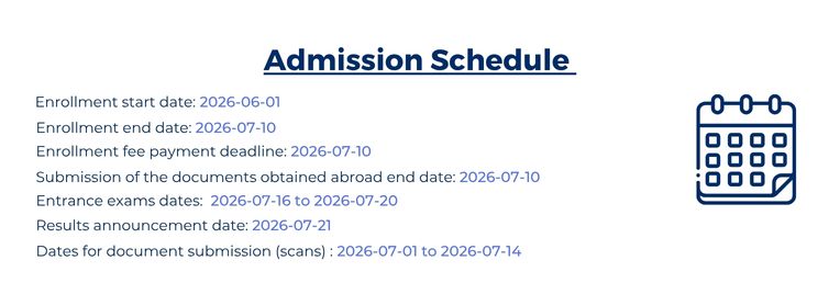 Admission schedule with key dates for enrolment, fee payment, document submission, entrance exam and results; calendar icon on the right.