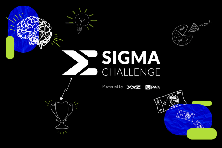  A promotional graphic for the ‘Sigma Challenge’ on a black background, featuring the event’s central logo and sketched motifs of a brain, a light bulb, a graph, a trophy and money.