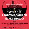 Plakat wykładu O wolności i zobowiązaniach językoznawcy