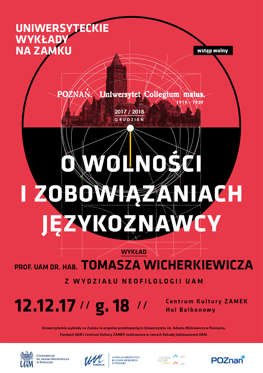 Plakat wykładu O wolności i zobowiązaniach językoznawcy