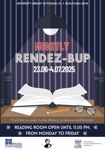 Poster for 'Nightly Rendez-BUP' at the University Library in Poznań, held from June 23 to July 4, 2025. Shows an open book on a desk under a lamp, with glasses and a pencil nearby. The reading room is open until 11:00 PM, Monday to Friday. Organized by University Library