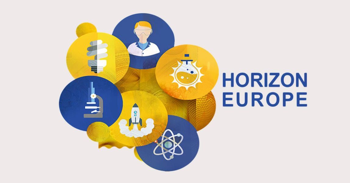 Logo of Horizon Europe with yellow and blue circles on the centre with icons of: scientist, lightbulb, microscope, element, rocketship, and laboratory bottle. On the right side of the cirles is a big, dark blue  writing 