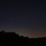 The photo presents the falling star on the night sky above the dark forest. 
