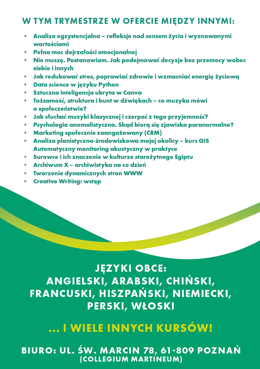 Lista przykładowych kursów Uniwersytetu Otwartego UAM oraz oferta języków obcych.
