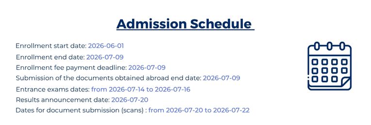 Admission schedule with key dates for enrolment, fee payment, document submission, entrance exam and results; calendar icon on the right