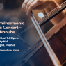 Event poster for the “Poznań Philharmonic Orchestra Concert – The Blue Danube.” The poster features a close-up photograph of a cello being played, with warm concert lighting and blurred background bokeh. On the left side, large cream-colored text announces the concert title, date (29 May 2026, 7:00 p.m.), and venue: AMU University Hall, Wieniawskiego 1, Poznań. A dark blue transparent overlay behind the text improves readability. The bottom-right corner contains NAWA and Adam Mickiewicz University logos, along with a note encouraging registration via an online form