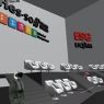 A virtual reality conference room showing the audiance space with a big logo of HEES.SO on the gray wall