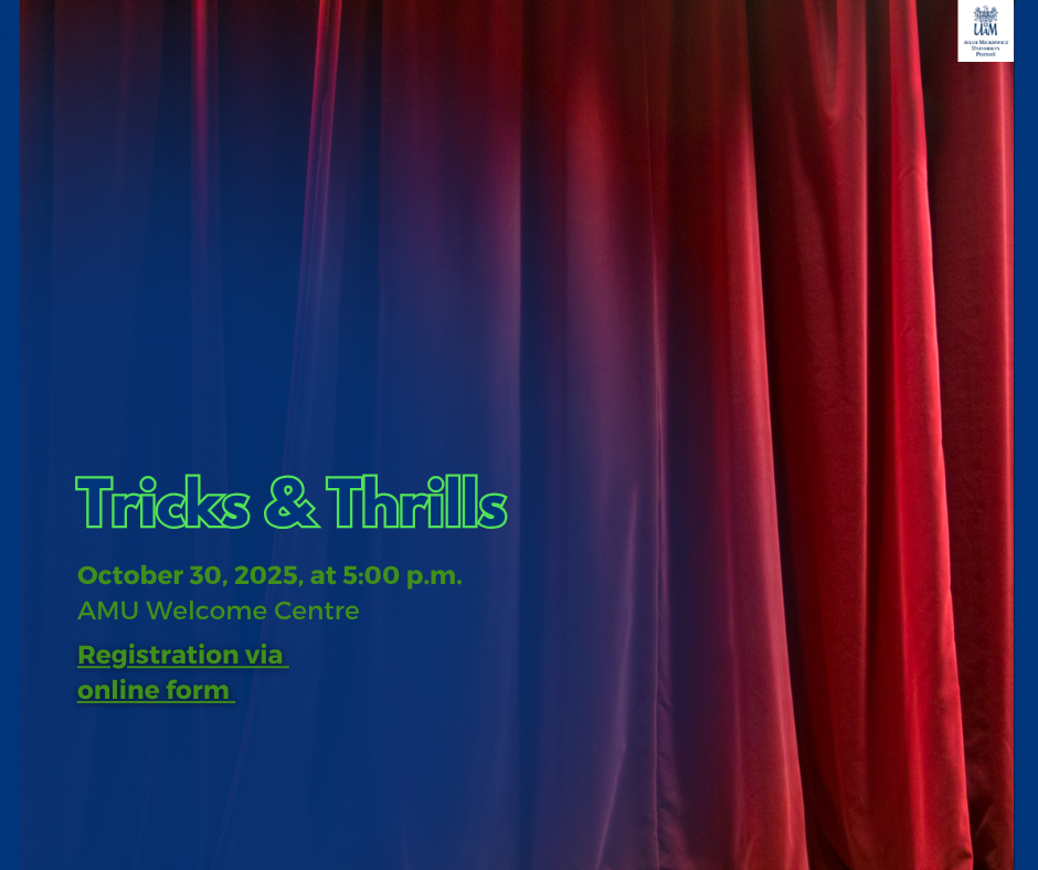 Poster for Tricks & Thrills event organized by Adam Mickiewicz University. Background features dramatic red stage curtains under soft lighting. Text on the left announces: Tricks & Thrills – October 30, 2025, at 5:00 p.m., AMU Welcome Centre. A highlighted link below reads Registration via online form. The AMU crest appears in the top-right corner.