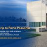 Poster for Trip to Porta Posnania. The image shows the modern white façade of the Porta Posnania building with tall flagpoles and a paved walkway in the foreground. Text announces: November 20th, 2025, at 1:50 p.m., Porta Posnania, ul. Gdańska 2, Poznań. A highlighted link invites Registration via the online form. The AMU logo appears in the top-right corner.