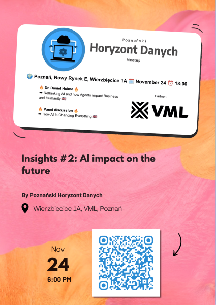 Promotional poster for the Poznański Horyzont Danych Meetup titled ‘Insights #2: AI Impact on the Future,’ held on November 24 at 6:00 p.m. in VML Poznań. The poster includes event details, speakers discussing AI and business, a VML partner logo, and a QR code for registration, set against a pink and orange abstract background.