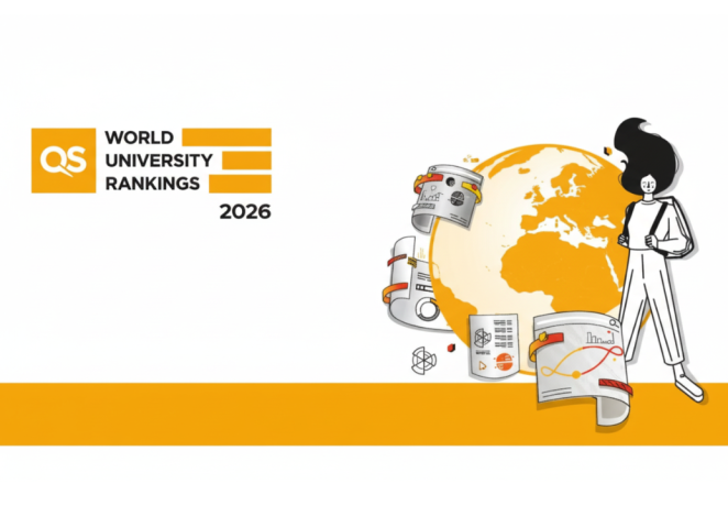 Grafika QS World University Rankings 2026 z ilustracją globu, dokumentów i postaci.