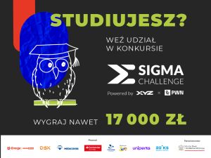 Grafika promująca konkurs Sigma Challenge dla studentów z hasłem „Wygraj nawet 17 000 zł”.