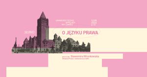 Różowo-beżowa grafika promująca Uniwersyteckie Wykłady na Zamku zapowiada wykład „O języku prawa” prof. dr hab. Sławomiry Wronkowskiej z Wydziału Prawa i Administracji UAM, 12 maja 2026 o godz. 18. W tle widnieje stylizowana ilustracja Zamku Cesarskiego.
