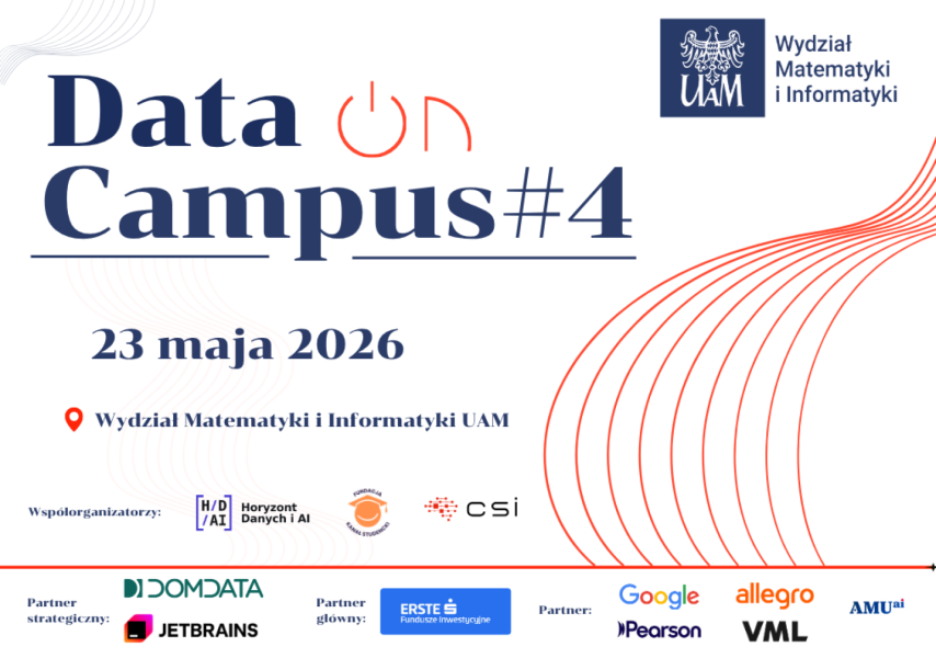 Grafika promująca wydarzenie „Data on Campus #4” na Wydziale Matematyki i Informatyki UAM, zapowiadająca spotkanie 23 maja 2026 oraz prezentująca logotypy współorganizatorów i partnerów.