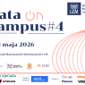 Grafika promująca wydarzenie „Data on Campus #4” na Wydziale Matematyki i Informatyki UAM, zapowiadająca spotkanie 23 maja 2026 oraz prezentująca logotypy współorganizatorów i partnerów.