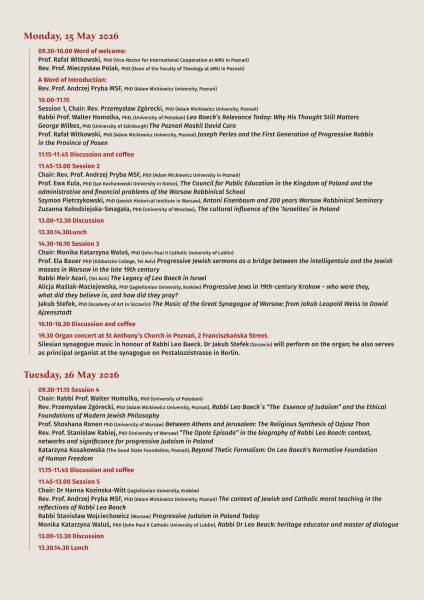 Two‑day conference schedule listing sessions, speakers, chairs, discussions, breaks and an organ concert, with detailed timings for 25–26 May 2026; academic event focused on Jewish studies and the legacy of Rabbi Leo Baeck.