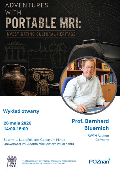Poster promoting the open lecture “Adventures with Portable MRI: Investigating Cultural Heritage” by Prof. Bernhard Bluemich, featuring illustrations of ancient artifacts and a portable MRI device, with event details and university logos