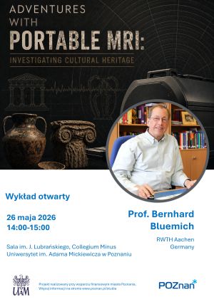 Poster promoting the open lecture “Adventures with Portable MRI: Investigating Cultural Heritage” by Prof. Bernhard Bluemich, featuring illustrations of ancient artifacts and a portable MRI device, with event details and university logos