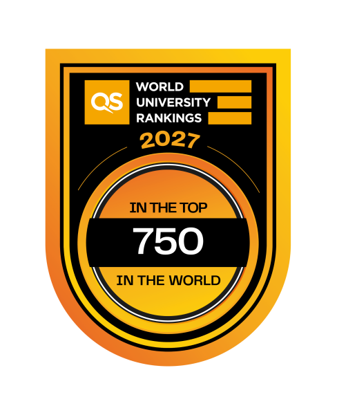 Badge-style graphic for the QS World University Rankings 2027. The top section displays the QS logo with the text “World University Rankings 2027.” Below, inside a circular gradient design in yellow, orange, and black, the badge reads: “In the Top 750 in the World.”