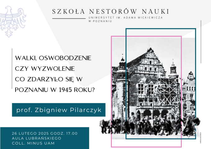 Grafika promująca wykład. Po lewej stronie czarno-biała ilustracja przedstawiająca Collegium Minus, przed którym stoi tłum ludzi.