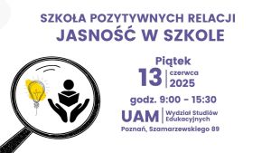 Grafika z informacjami o konferencji. W lewej części lupa, w środku której umieszczono symbole: żarówka, dłonie, człowiek czytający książkę.