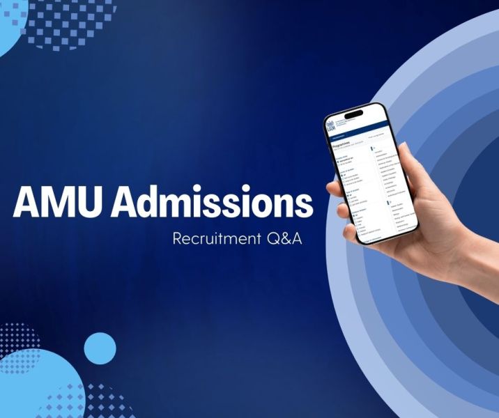 Promotional poster for AMU Recruitment Q&A tab, created for university applicants. The poster is in a blue colours with a hand holding phone on the right side.