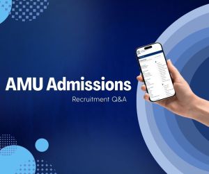 Promotional poster for AMU Recruitment Q&A tab, created for university applicants. The poster is in a blue colours with a hand holding phone on the right side.