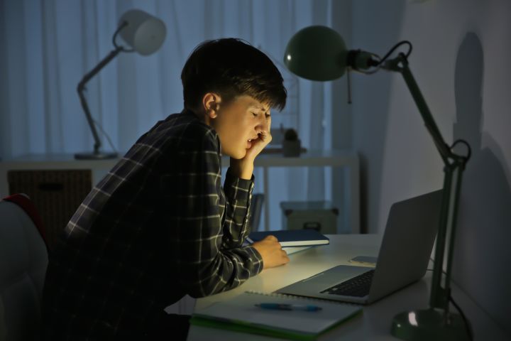 Nastolatek wpatrzony w ekran laptopa.