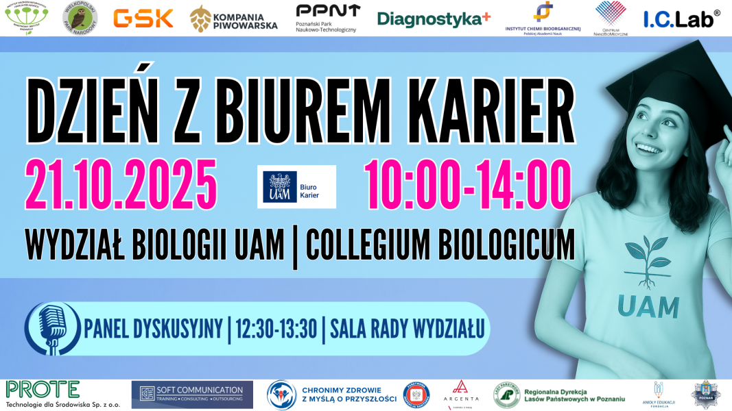Plakat wydarzenia „Dzień z Biurem Karier” – 21.10.2025, godz. 10:00–14:00, Wydział Biologii UAM