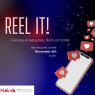 Poster for a workshop titled Reel It! The background is dark with a gradient of blue and purple and small star-like sparkles. A smartphone graphic appears on the right, surrounded by floating heart icons, suggesting social media engagement. Text reads: Reel It! A workshop on making Reels, Shorts and TikToks. AMU Welcome Centre, November 6th, 3 p.m. Logos of AMU and NAWA (Polish National Agency for Academic Exchange) are shown at the bottom.