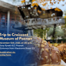 Poster for Trip to the Croissant Museum of Poznań. Background shows a glazed croissant topped with nuts on fallen autumn leaves, with a building and trees blurred in the distance. Text reads: November 13th, 2025, at 1:50 p.m., Stary Rynek 41/2, Poznań (entrance from Klasztorna Street 23). A link encourages Registration via online form. The AMU logo appears in the top-right corner.