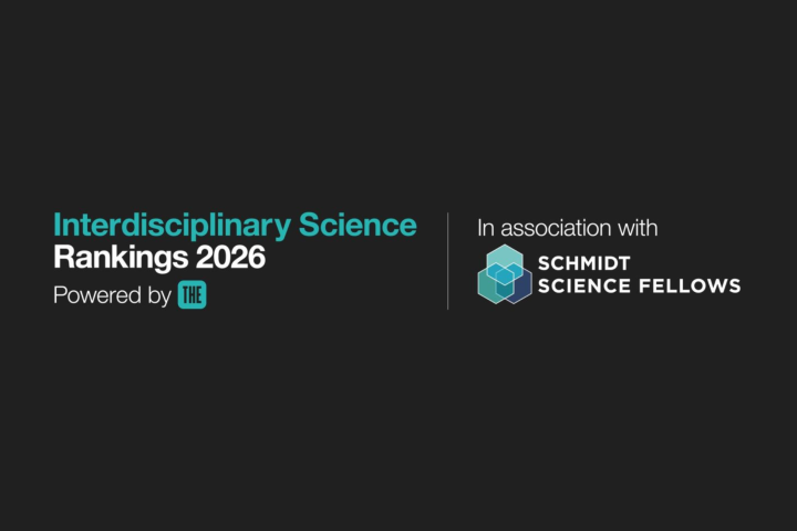 Ciemna grafika z napisem „Interdisciplinary Science Rankings 2026 powered by THE”, z logo THE po lewej oraz informacją „In association with Schmidt Science Fellows” i ich logo po prawej.