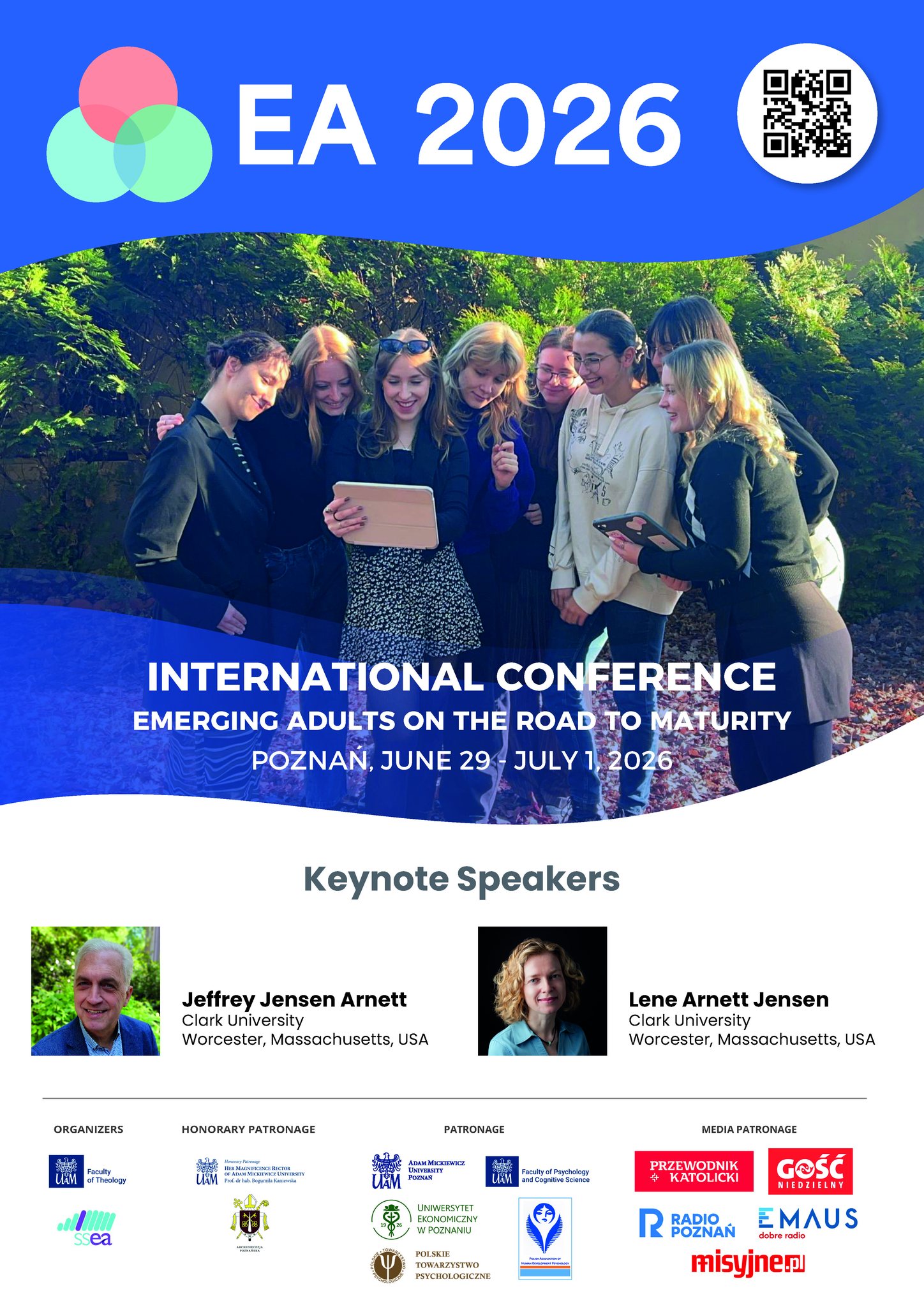 EA 2026 international conference poster promoting 'Emerging Adults on the Road to Maturity' event in Poznań, June 29–July 1, 2026, featuring keynote speakers Jeffrey Jensen Arnett and Lene Arnett Jensen from Clark University