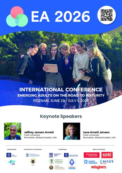 EA 2026 international conference poster promoting 'Emerging Adults on the Road to Maturity' event in Poznań, June 29–July 1, 2026, featuring keynote speakers Jeffrey Jensen Arnett and Lene Arnett Jensen from Clark University