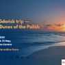 Poster advertising the “Łeba & Gdańsk trip – Moving Dunes of the Polish Seaside.” The left side features event information in yellow and white text: “15th–18th May 2026,” meeting point at ZAMEK Culture Centre on 15 May, and “Register via the online form.” The background shows a sunset over a sandy Baltic Sea beach with waves and wooden breakwaters extending into the water. Logos of NAWA and Adam Mickiewicz University are displayed in the bottom-right corner.